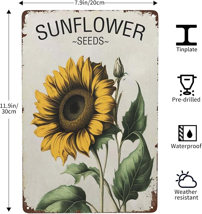 Vintage Tin Signs Retro Art with Sunflower Patterns & Fun Sayings - Perfect Wall Decor for Hippies, Boho Fans & Fairy Garden Lovers. Sun-Soaked Colors & Metal Material Add Rustic Charm - 12x8 Inches