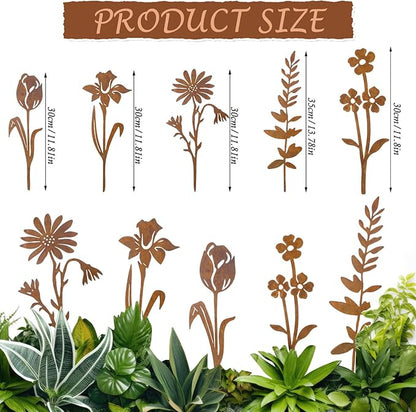 5 Pcs Rusty Metal Flowers and Plants, Rusty Rustic Metal Flowers Signs for Outside Yard Art Gift for Yard Decorative Garden Stakes Potted Plants Walkway and Garden