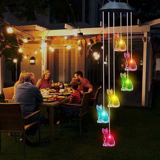 Cat Solar Wind Chimes for Outside Colors Changing Waterproof Decorative Lights Gifts for Mom Solar Powered Mobile Hanging Wind Chime for Garden Patio Party Yard Window Indoor Outdoor Decor