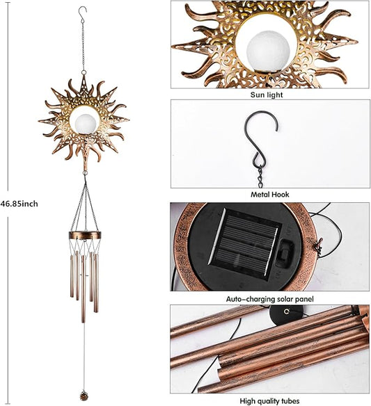 Solar Sun Wind Chimes Outdoor with Flame, Waterproof Wind Bells Light with Crackle Glass Ball for Outside, Clearance Unique Gifts for Mother's Day, Mom, Women, Girls, Yard, Garden, Party Decor
