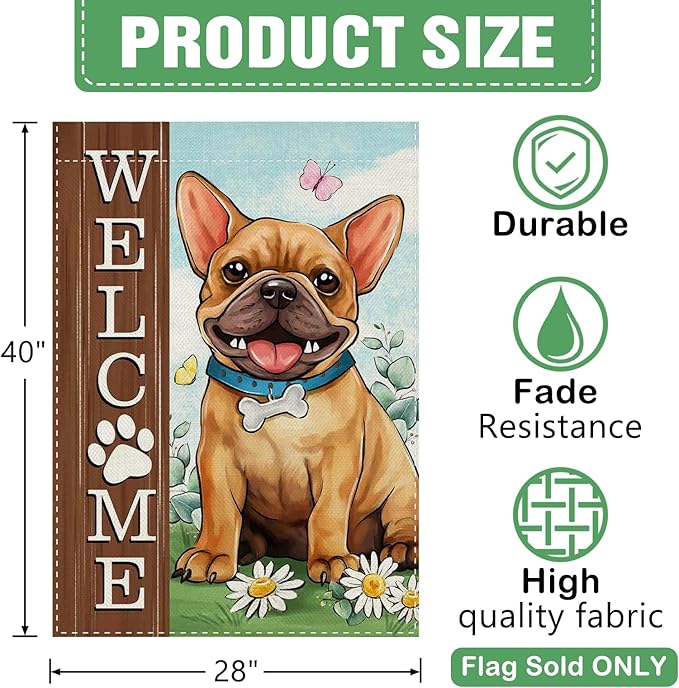 Dyrenson Welcome French Bulldog Dog 28 x 40 House Flag Double Sided, Paw Print Garden Yard Decoration Pet Owner Lover Gift, Spring Summer Burlap Outdoor Decor Decorative Large Flag