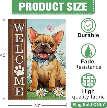 Dyrenson Welcome French Bulldog Dog 28 x 40 House Flag Double Sided, Paw Print Garden Yard Decoration Pet Owner Lover Gift, Spring Summer Burlap Outdoor Decor Decorative Large Flag