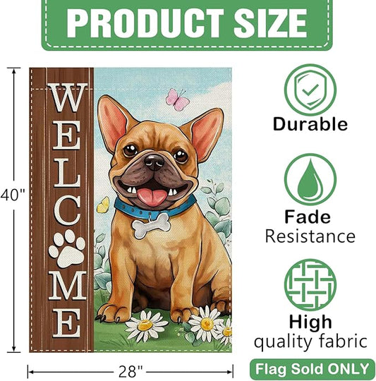 Dyrenson Welcome French Bulldog Dog 28 x 40 House Flag Double Sided, Paw Print Garden Yard Decoration Pet Owner Lover Gift, Spring Summer Burlap Outdoor Decor Decorative Large Flag