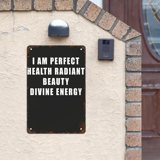 Vintage Tin Metal Sign I AM PERFECT HEALTH RADIANT BEAUTY DIVINE ENERGYn 8x12 Inch Retro Wall Decor for Home,Patio,Yard,Office,Funny Quotes and Motivational Sayings