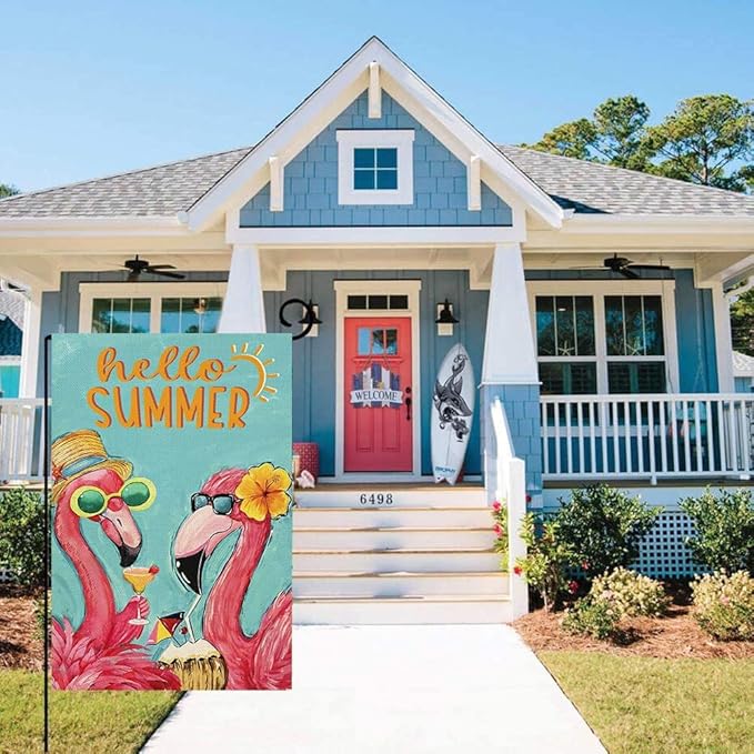 Baccessor Hello Summer Garden Flag Double Sided 12.5x18 Inch Pink Flamingo Tropical Beach Summer Welcome Small Yard Flag Burlap Seasonal Farmhouse Outside Outdoor Decoration