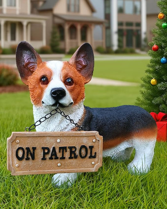 Corgi Garden Statue with Solar Lantern, Adorable Dog Outdoor Decor with Interchangeable Welcome & On Patrol Signs, Waterproof Resin Puppy Figurine for Yard, Lawn, Patio, Dog Lover Gift
