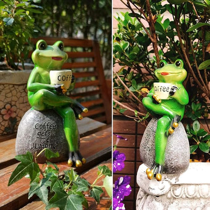 OwMell Frog Statue for Garden, Green Frog Figurine for Outdoor Decor Yard and Garden Decoration Resin Sculpture 6 Inches - Drinking Coffee