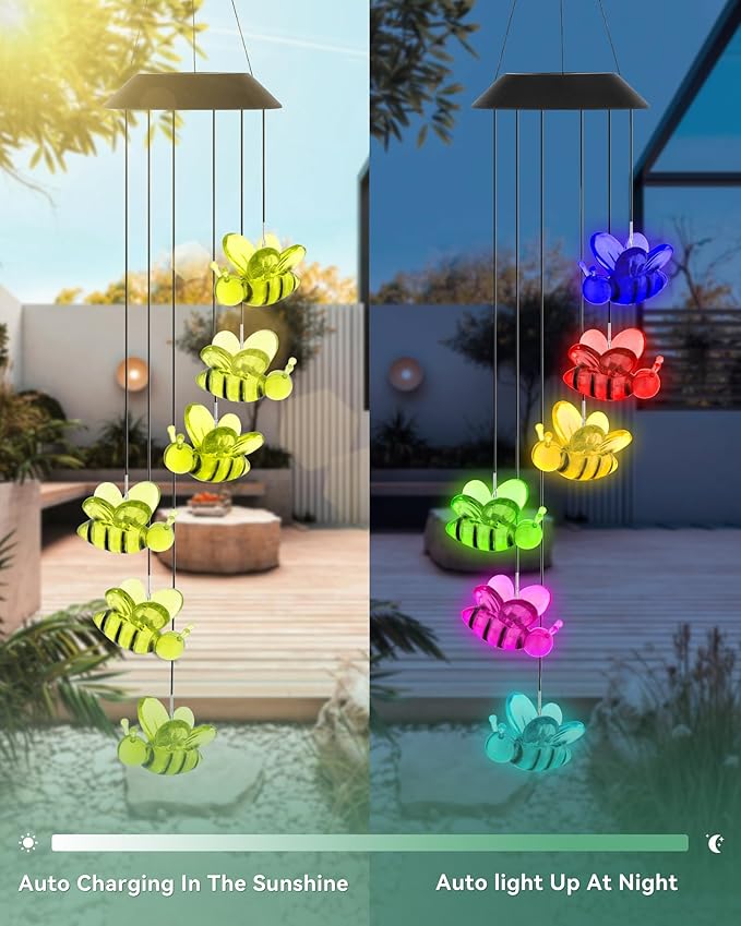 DOUBLEZHE Solar Wind Chimes for Outside, Color Changing Bee Wind Chimes Outdoor Clearance, Birthday Gifts for Mom Women Grandma Wife Girls, Unique Garden Decor Colorful Patio, Balcony Yard Decoration