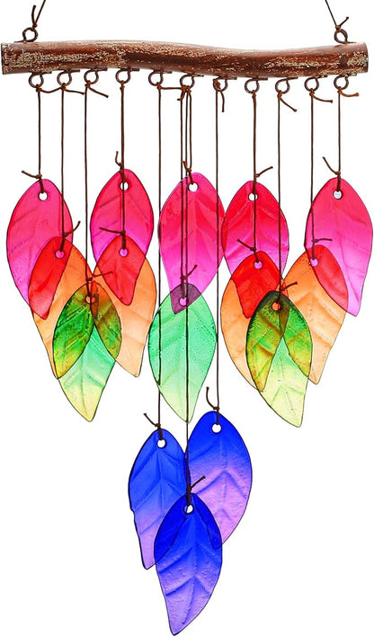 Glass Wind Chimes Suncatcher for Outside,23" Colorful Glass Leaf Wind Chimes Outdoor,Crystal Hanging Wind Chime for Home,Garden,Patio and Yard Decor