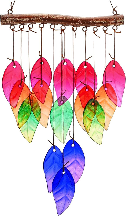 Glass Wind Chimes Suncatcher for Outside,23" Colorful Glass Leaf Wind Chimes Outdoor,Crystal Hanging Wind Chime for Home,Garden,Patio and Yard Decor