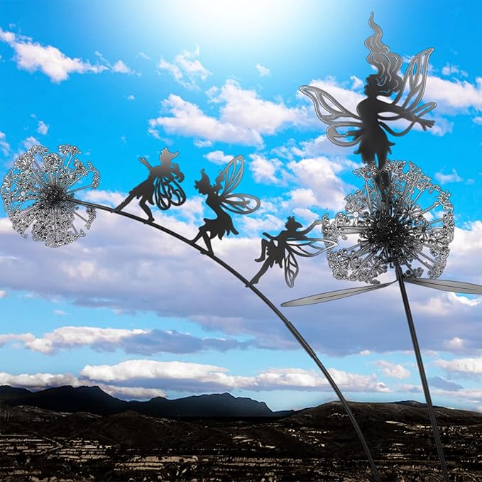 2 Pcs Dancing Fairy Dandelion Garden Sculptures Metal Art Outdoor Ornaments Whimsical Flower Fairy Silhouette Statues for Yard Lawn Patio Landscape Decor Adding Enchanting Magic to Outdoor Space