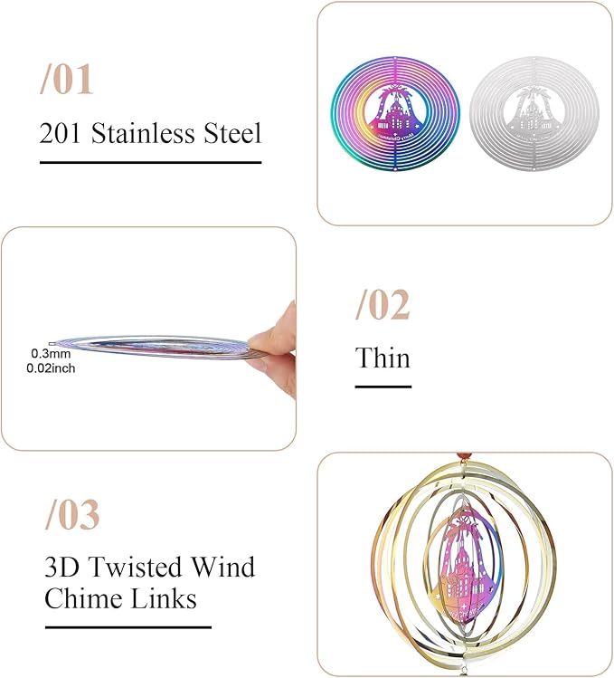 Stainless Steel Reflective Wind Spinners for Christmas Tree Decor 3D Christmas Bell Wind Chimes Gradient Etched Metal Embellishments for Outdoor Indoor Garden Hanging Decor 2Pcs