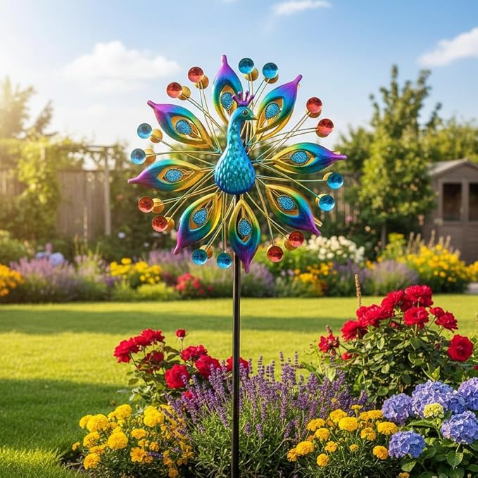 Peacock Outdoor Wind Spinner, 64 Inch Double Wind Sculpture,Waterproof Wind Sculptures & Spinners, Metal Windmill for Garden Yard Patio Decoration