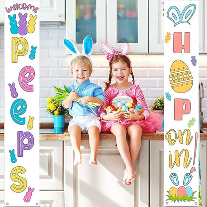 Easter Door Banner Porch Decor - Welcome Peeps Porch Sign - Bunny Hanging Banners Porch Decorations for Front Door Outside Yard Garden Party Supplies