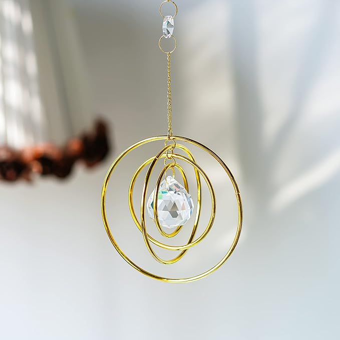 Suncatcher Crystal Galaxy, Window Hanging Rainbow Sun Catcher, Glass Ball Prism Sun Catcher with 4 Brass Circles