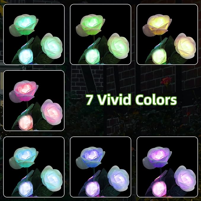 Solar Garden Lights Outdoor - Solar Flowers Lights Outdoor Decorative Waterproof, 40 Hour Coloring Changing White Rose Yard Pathway Light Solar Powered, Cemetery Decoration, Backyard Decor, 4pcs