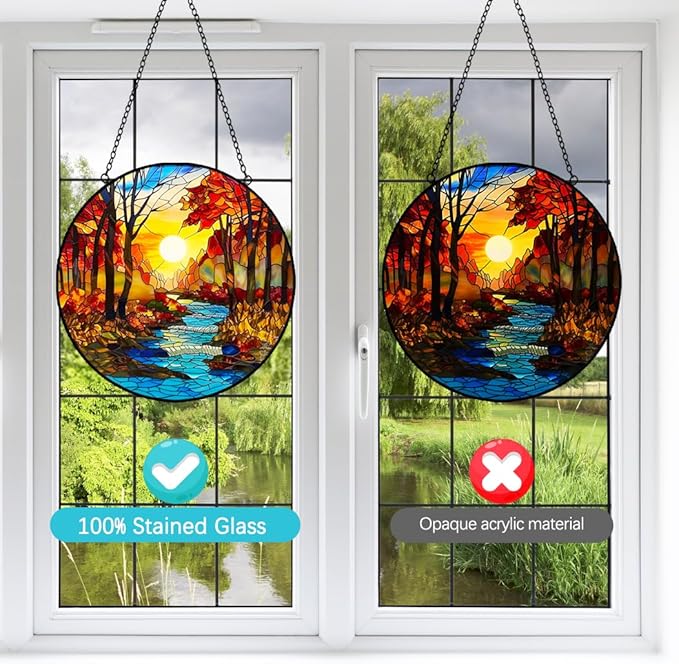 Sunrise Tree and River Landscape Stained Glass Suncatcher for Window Hanging - Handmade Mountains Sun Catchers Diamond Art Stain Glass Panel - Mother's Day Birthday Gift for Mom Grandma Nature Lovers