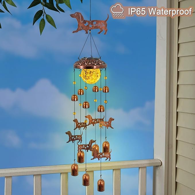 Dachshund Solar Wind Chimes for Outside,Metal Dog WindChimes with Cracked Glass Lights,Hanging Solar Lights Outdoor,Yard,Patio,Garden,Porch Decor