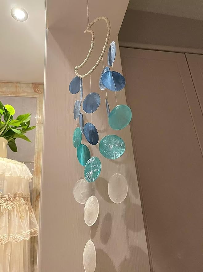 Capiz Seashell Wind Chimes - Small, Unique, Handmade Natural Seashell Wind Chimes for Outside (Blue, 1 Pack)