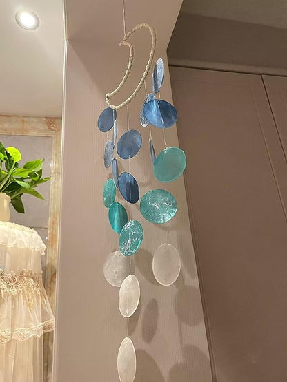 Capiz Seashell Wind Chimes - Small, Unique, Handmade Natural Seashell Wind Chimes for Outside (Blue, 1 Pack)