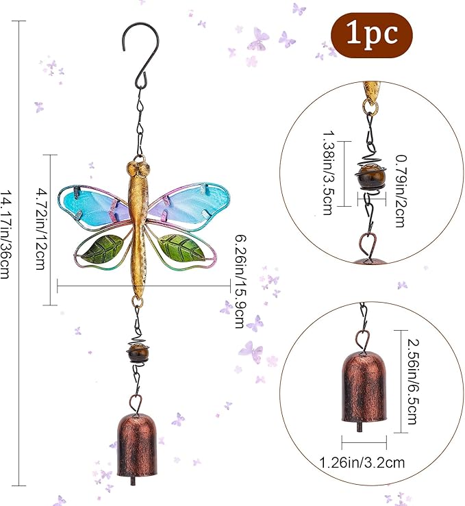 GORGECRAFT Dragonfly Wind Chime Metal Glass Music Wind Bell 14.2" Romantic Colorful Dragonfly Shaped Hanging Ornaments with Chime Gifts for Women Garden Patio Yard Party Indoor Outdoor Decorations