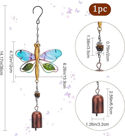GORGECRAFT Dragonfly Wind Chime Metal Glass Music Wind Bell 14.2" Romantic Colorful Dragonfly Shaped Hanging Ornaments with Chime Gifts for Women Garden Patio Yard Party Indoor Outdoor Decorations