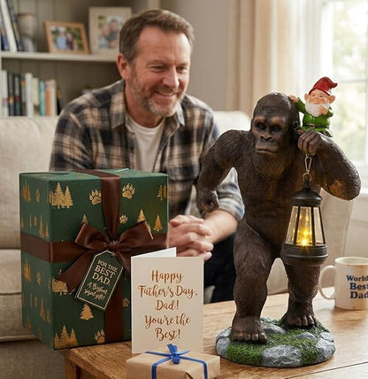 16 Inch Solar Bigfoot Garden Statue with Gnome & Lantern, Large Resin Sasquatch Yard Outdoor Decor, Funny Bigfoot Gifts for Husband, Dad & Grandpa (Large)