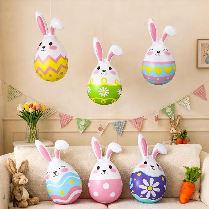 Jetec 12 Pcs 12 Inch Easter Egg Inflatable Decorations Hanging Inflatable Easter Balloons Decor PVC Large Outdoor Colorful Eggs Bunny Text Blow up Yard Ornaments for Lawn Garden Party(Egg)