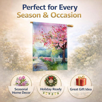Caroline's Treasures Michigan Apple Blossoms in Watercolor House Flag Large Porch Sleeve Pole Decorative Outside Yard Banner Artwork Wall Hanging, Polyester, House Size, Multicolor