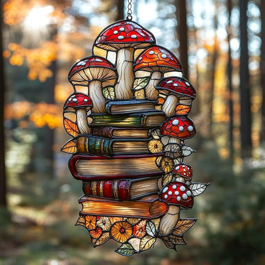Forest Mushroom Books Acrylic Suncatcher Stained Glass Effect Window Car Hanging Christmas Ornament Indoor Outdoor Decor Garden Sun Catcher Panel for Book Lover for Women Mom Grandma
