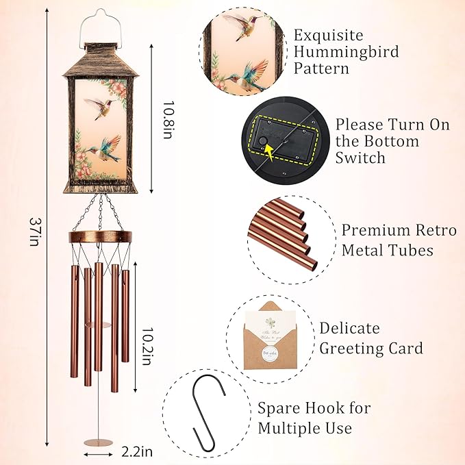 YHmall Wind Chimes for Outside, 37" Memorial Windchimes Outdoors Hummingbird Gifts for Women Mom Grandma, Hanging Lantern Solar Wind Chimes for Outside Home Patio Garden Outdoor Decor