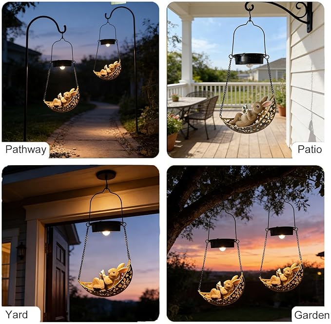 Solar Hanging Garden Lantern with Bunny Decoration,Solar Hanging Statue Light,Outdoor Hanging Decorations for Garden, Fence, Porch, Patio, Yard Decor