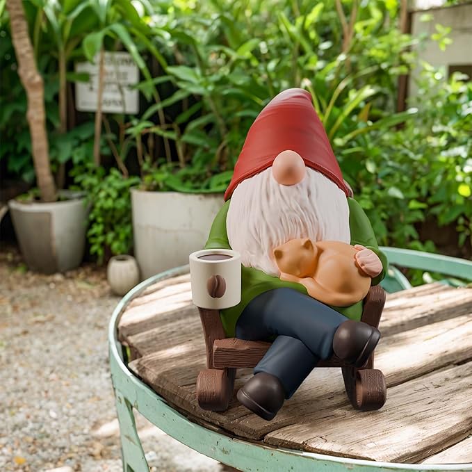Drinking Coffee Garden Gnomes Statue Decoration, Rocking Chair Garden Gnomes Figurine Ornament for Indoor Outdoor Home Patio Yard Lawn Ourside