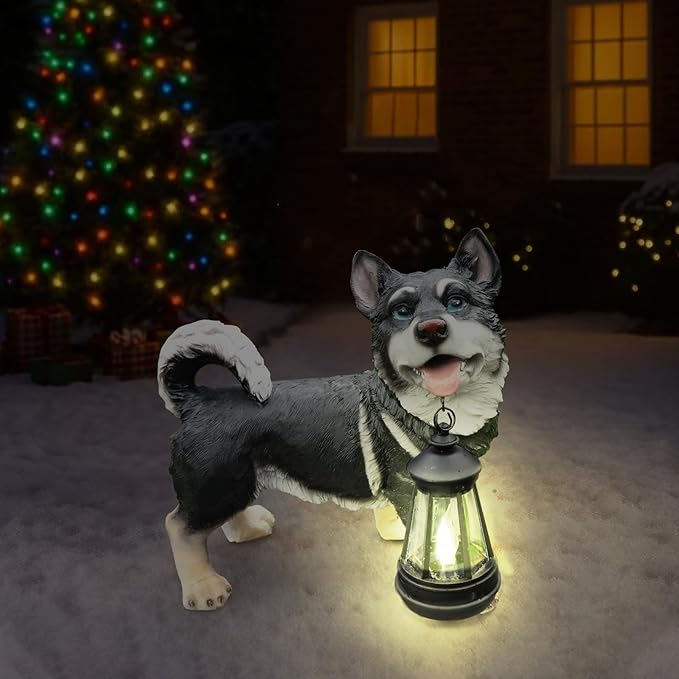 Husky Dog Garden Statue with Solar Lantern Light, Outdoor Resin Animal Figurine with Welcome & On Patrol Sign, Patio Yard Lawn Porch Decor, Housewarming Pet Memorial Gift, 9.8 Inch