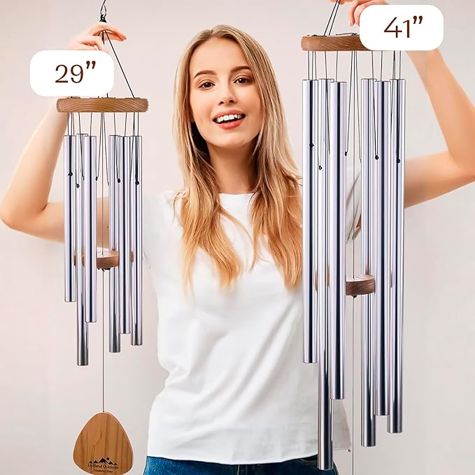 UpBlend XL Wind Chimes for Outside Gift – Deep Tone Wind Chime with Decorative Stone – Garden and Patio Décor for Porch or Yard, Elegant Outdoor Ornament, Meaningful Gift for Neighbors. 41” Silver.