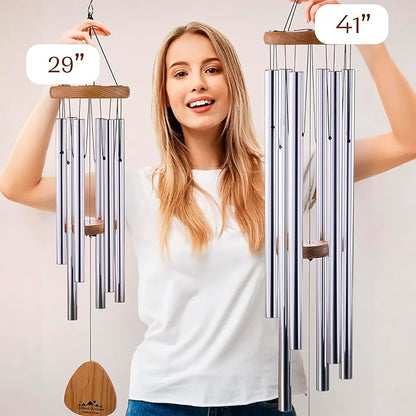 UpBlend XL Wind Chimes for Outside Gift – Deep Tone Wind Chime with Decorative Stone – Garden and Patio Décor for Porch or Yard, Elegant Outdoor Ornament, Meaningful Gift for Neighbors. 41” Silver.