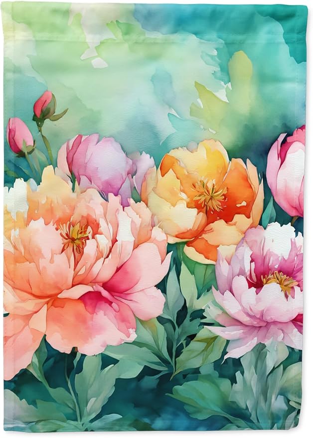 Caroline's Treasures Indiana Peonies in Watercolor House Flag Large Porch Sleeve Pole Decorative Outside Yard Banner Artwork Wall Hanging, Polyester, House Size, Multicolor
