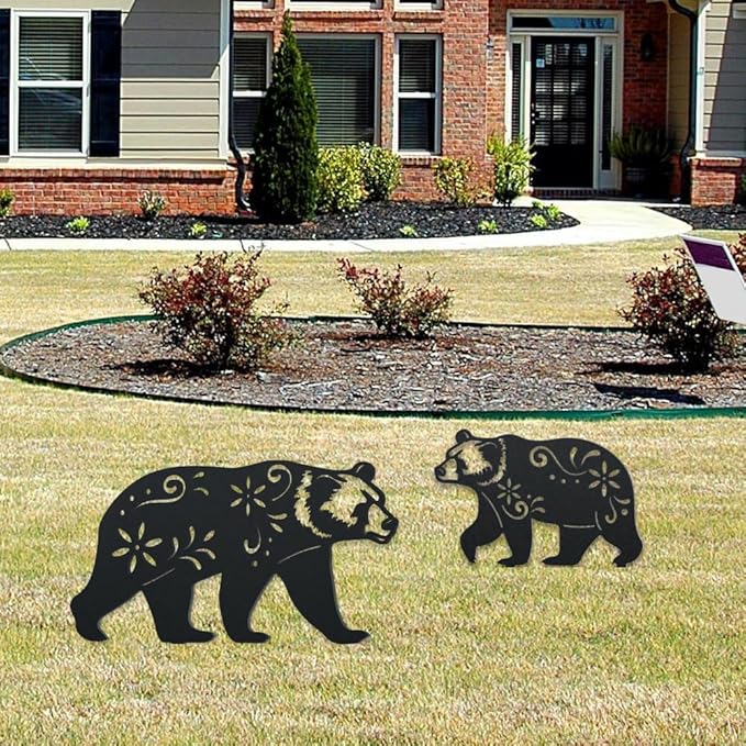 WADORN Bear Metal Outdoor Statues Silhouette, Funny Bear Metal Decorative Garden Stakes Bear Flower Silhouette Ornament Gift Funny Outdoor Decor for Garden Backyard Patio Lawn Walkways Outdoor