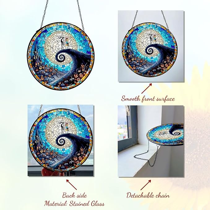GENANY Spooky Stained Glass Window Hanging, Spring Sun Catcher with Metal Chain and Hook, Romantic Gifts for Women Friends Family, Garden Decor, Housewarming Gifts, Outdoor Decor