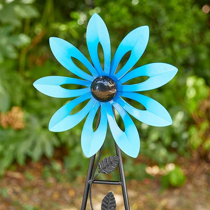 Glitzhome Wind Spinners Outdoor Windmill, 44 Inch Blue Metal Flower Wind Spinner Yard Stake with Hand Painted Glossy Finish, Outdoor Garden Lawn Patio Flowerbed Decor