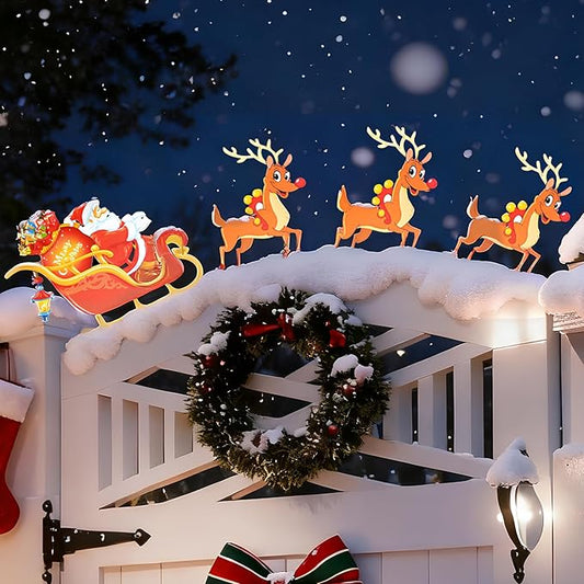 Christmas Decorations Outdoor Metal Yard Sign Santa & Deer Weatherproof Fence Decor Lawn Sign for Holiday Porch, Garden & Home Decorations Art Ornament