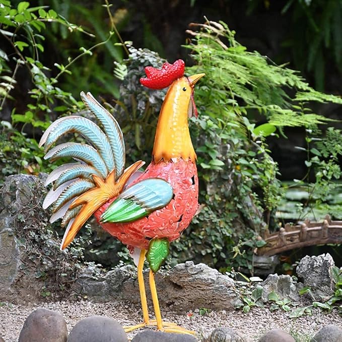 Outdoor Garden Animal Statues Patio Décor, Garden Decor Statues Wrought Iron Cock Creative Home Decor Accessories Hand-Painted Patio Yard Crafts Animal Ornaments