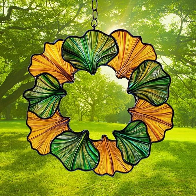 Ginkgo Wreath Acrylic Suncatcher Stained Glass Effect Window Car Hanging Christmas Ornament Indoor Outdoor Decor Garden Sun Catcher Panel for Acrylic Suncatcher Lover for Women Mom Grandma