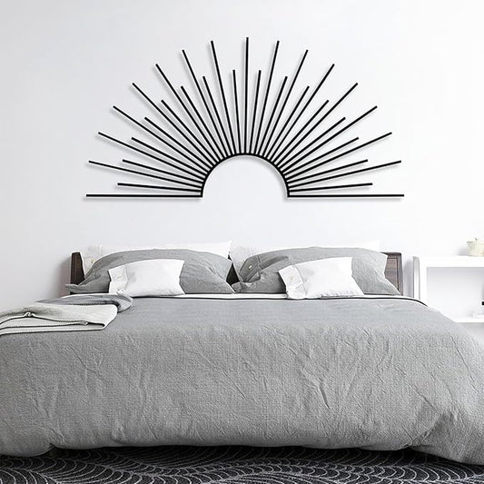 Yemwot Sun Metal Wall Decor, Metal Sun Wall Decor Outdoor, Sunrise Art, Minimalist Line Art, Boho Sign, Living Room, Bedroom or Outdoor Hangings (White, 39"x 19"| 100x50cm)
