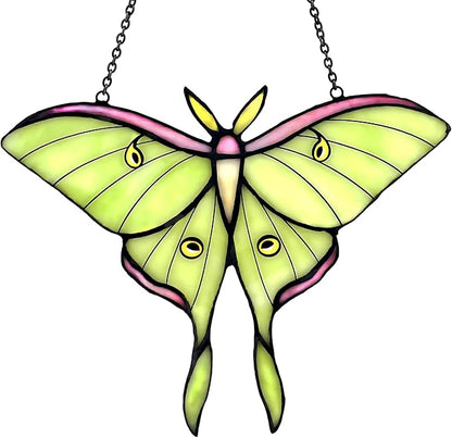 Luna Moth Stained Glass Window Hanging - Handmade Suncatcher Real Glass - Light Green Butterfly Light Catcher Elegant Gifts for Mother, Women, Grandma (Gifts-Box provided)