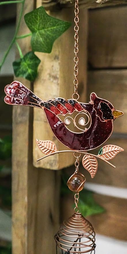 Ebros Gift Artistic Stained Glass Red Cardinal Bird Perching On Twig Branch Copper Metal Wind Chime 24.25" Long Hanging Mobile Outdoor Patio Garden Decor Accessory