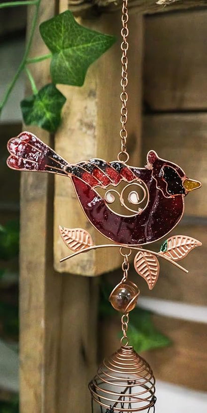 Ebros Gift Artistic Stained Glass Red Cardinal Bird Perching On Twig Branch Copper Metal Wind Chime 24.25" Long Hanging Mobile Outdoor Patio Garden Decor Accessory