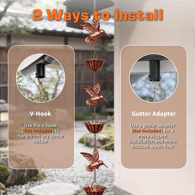 7.9FT Rain Chain for Gutters, Rain Chains with 7 Cups & 8 Decorative Bird Accent, Adjustable Rain Catcher Chain for Eaves Drainage, Functional & Decorative Replacement for Gutter Downspout