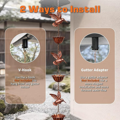 7.9FT Rain Chain for Gutters, Rain Chains with 7 Cups & 8 Decorative Bird Accent, Adjustable Rain Catcher Chain for Eaves Drainage, Functional & Decorative Replacement for Gutter Downspout