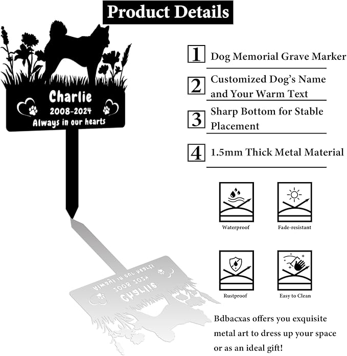 Custom Husky Dog Memorial Grave Marker,Personalized Flora Dog Memorial Garden Stake,Dog Memorial Plaque Burial Stake Engraved Sign,Dog Sympathy Grave Stake,Dog Memorial Statue Headstone